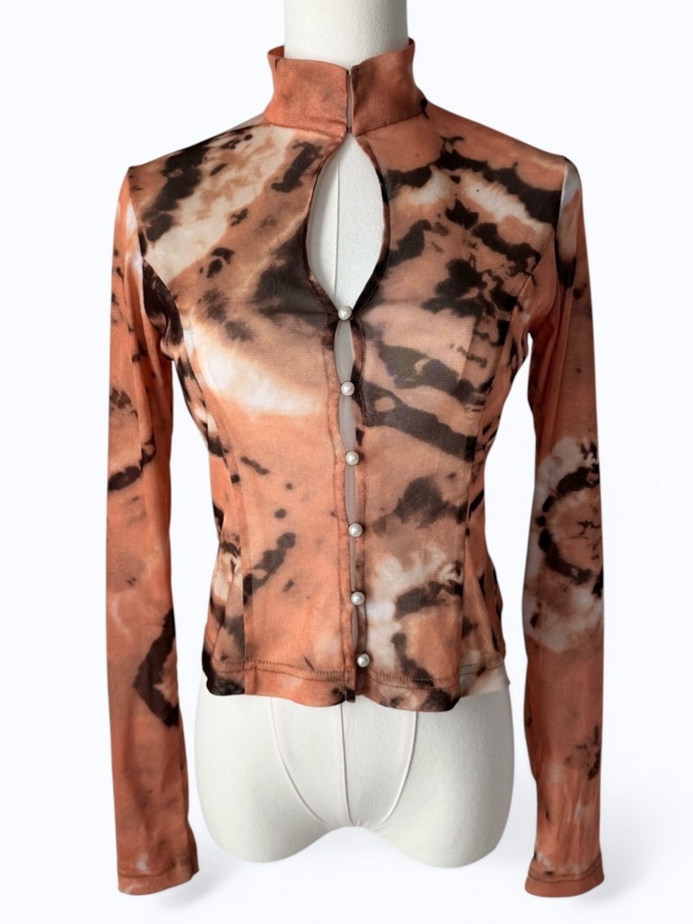 Kim Shui Pearl Button Mesh Qi Pao Keyhole Top Brown Abstract Print Size S